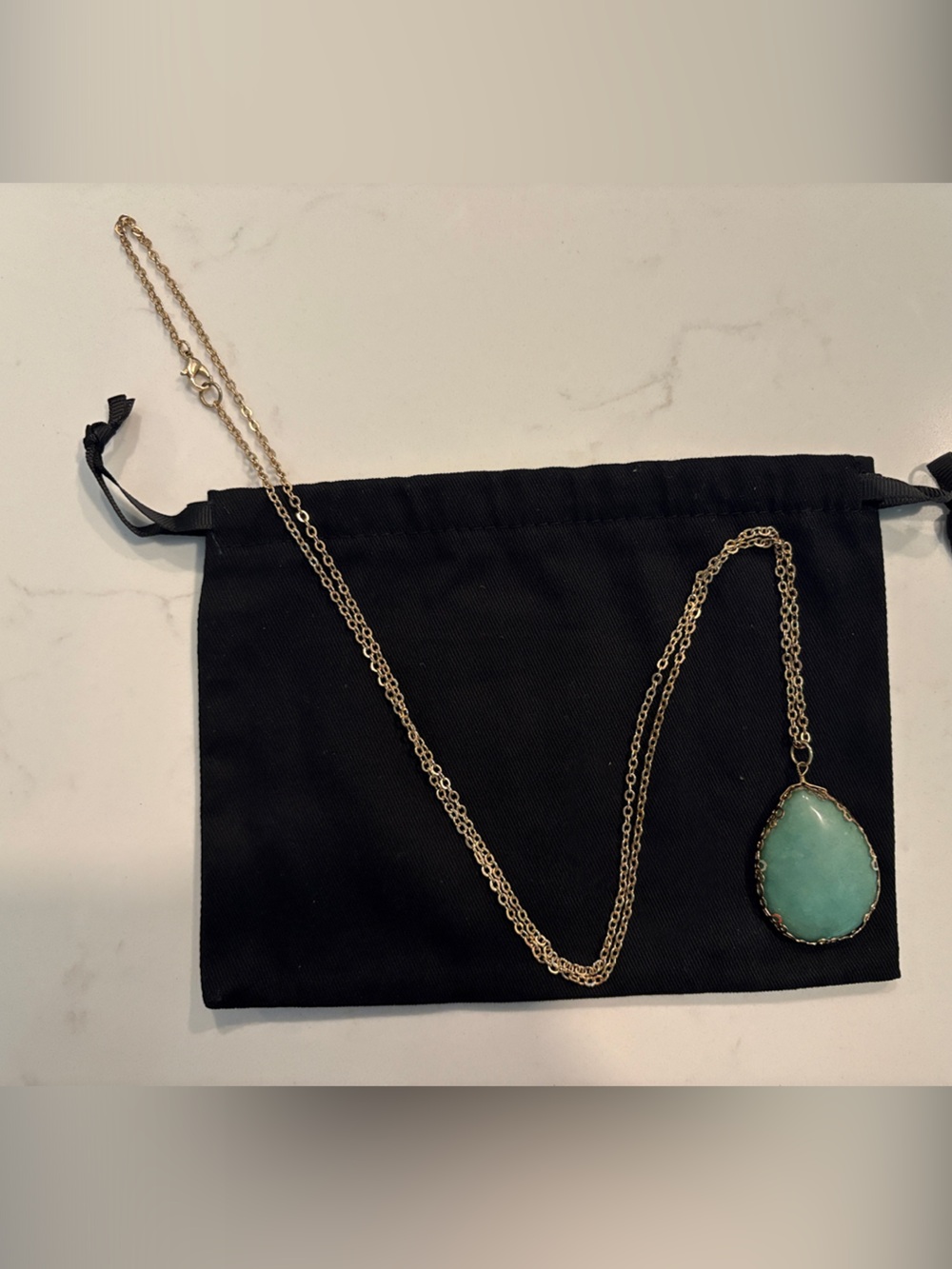 Francesca’s Long Gold Chain Necklace with Green Teardrop Pendant